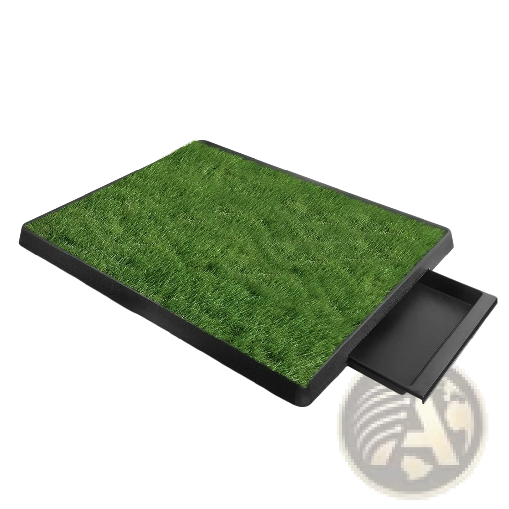 Black plastic dog potty training tray with artificial green grass surface and pull-out storage drawer for easy cleaning