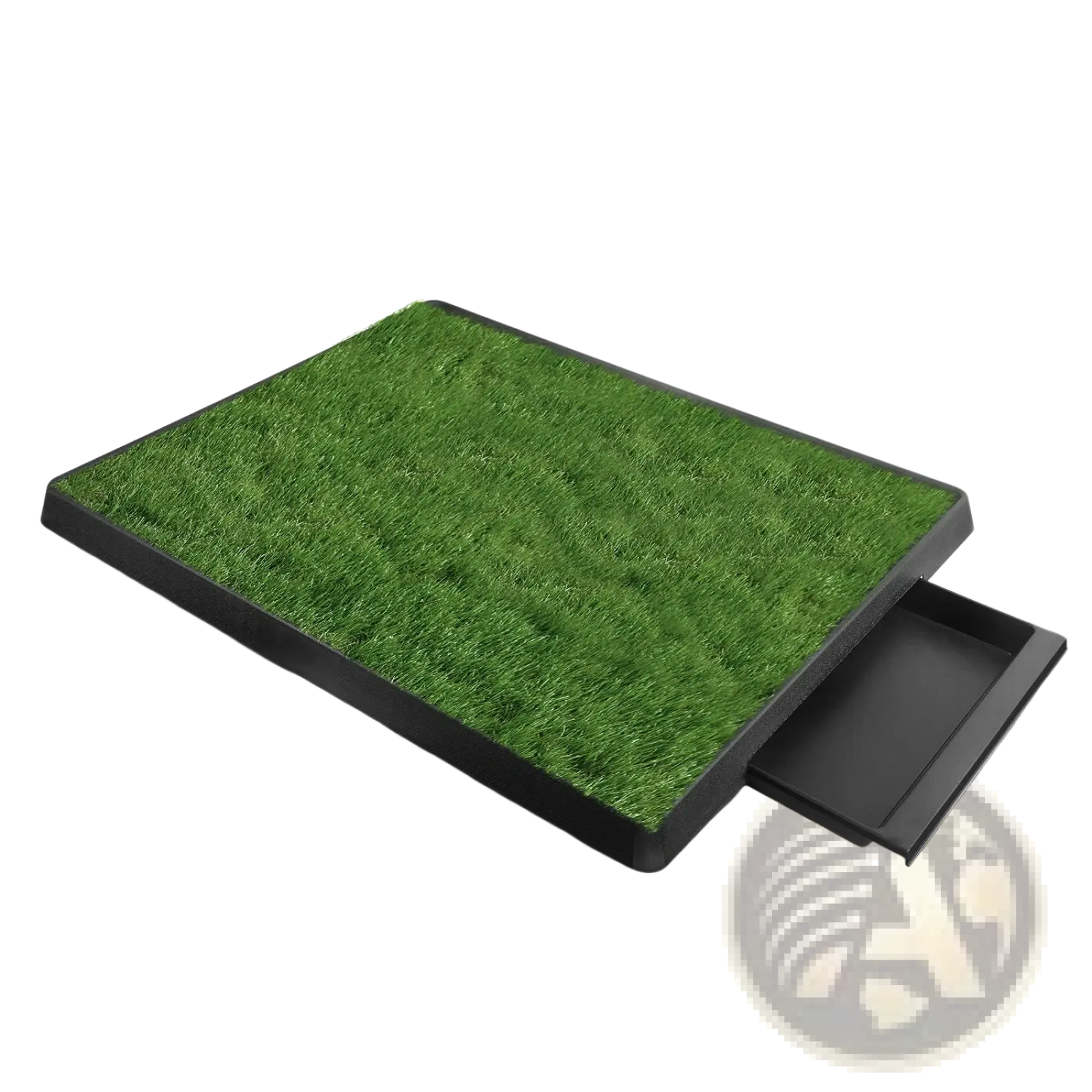 Black plastic dog potty training tray with artificial green grass surface and pull-out storage drawer for easy cleaning