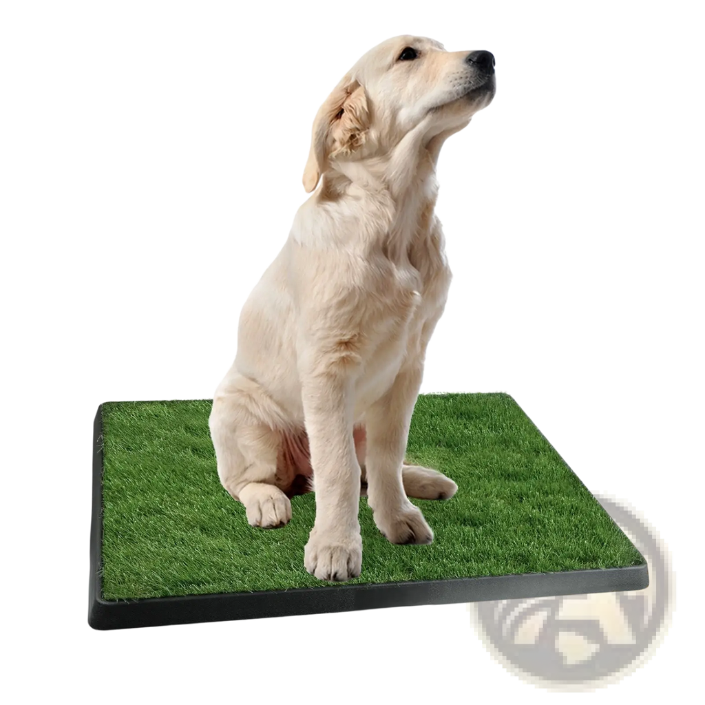 A golden retriever puppy sitting on a dog potty training artificial grass mat tray with a black plastic base