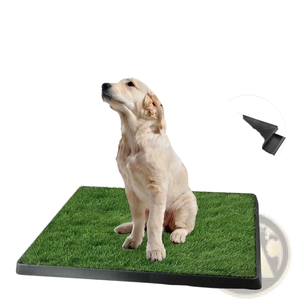 Black rectangular dog potty training artificial grass mat tray with green grass surface and textured underside shown