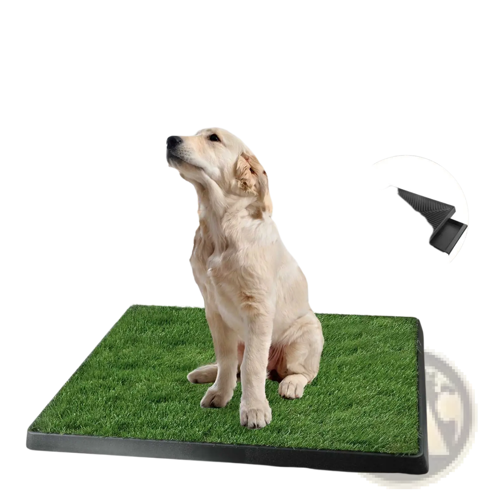 Black rectangular dog potty training artificial grass mat tray with green grass surface and textured underside shown