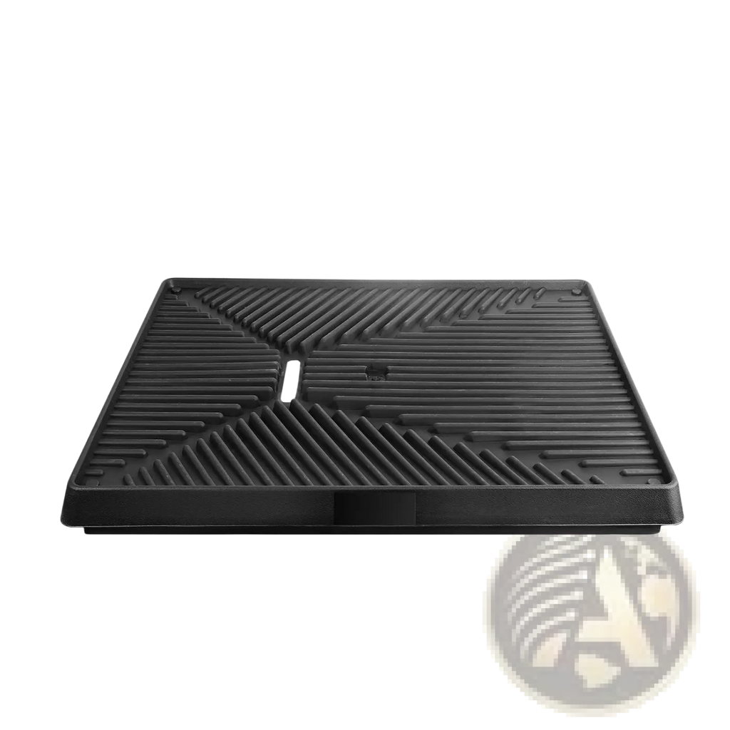 Black rubberized dog potty training grill mat with ribbed texture and central cutout for artificial grass tray