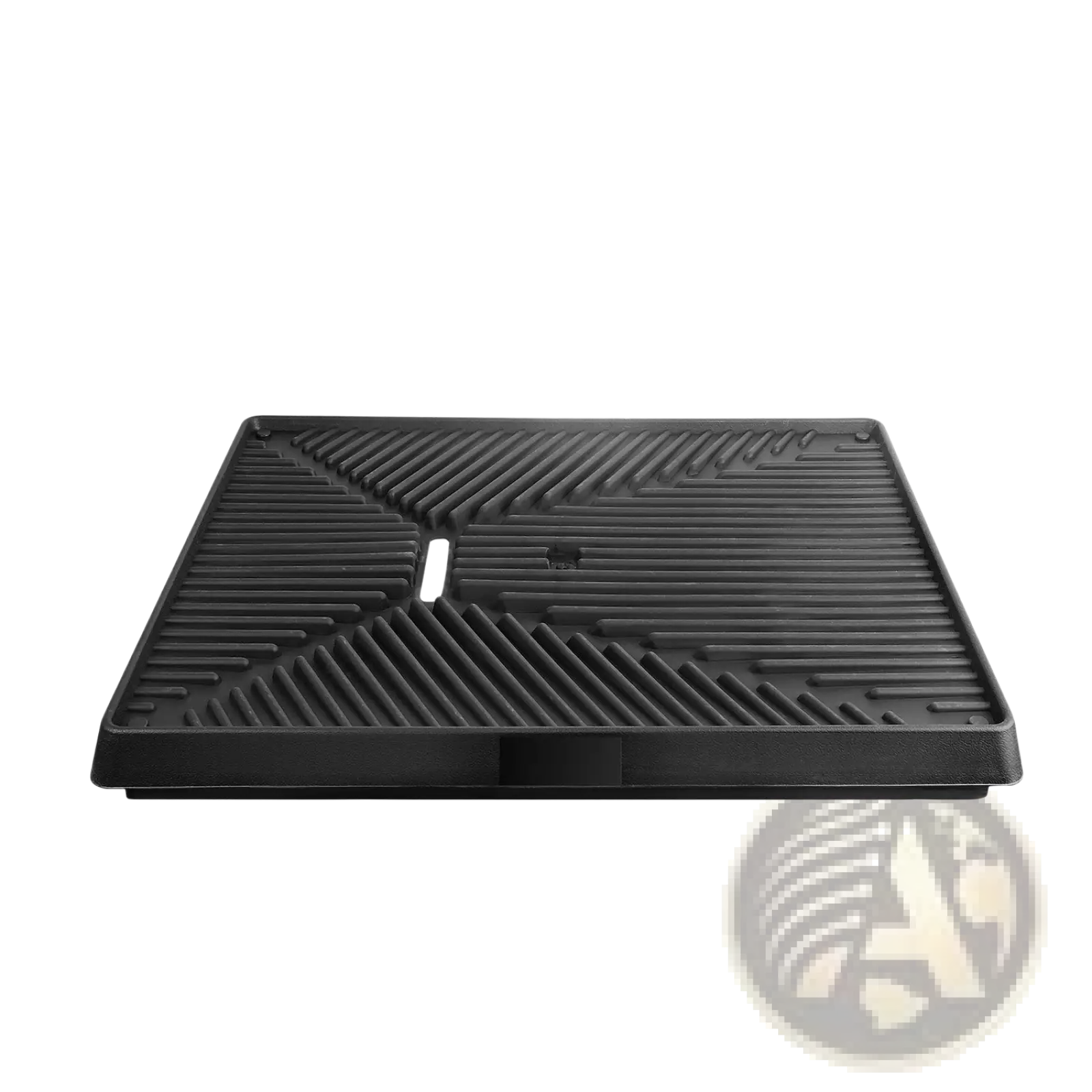Black rubberized dog potty training grill mat with ribbed texture and central cutout for artificial grass tray