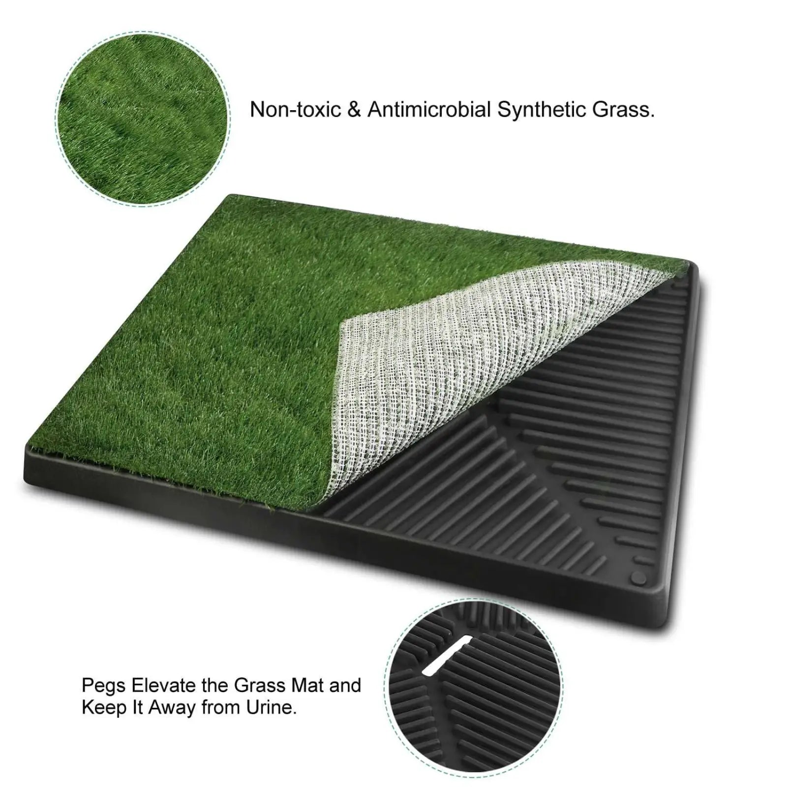 Dog potty training artificial grass mat tray with green synthetic grass, black plastic base, and white mesh backing shown from back side