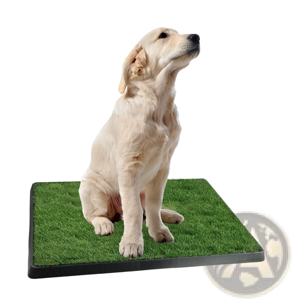 Green artificial grass dog potty training mat with black plastic border for indoor pet use