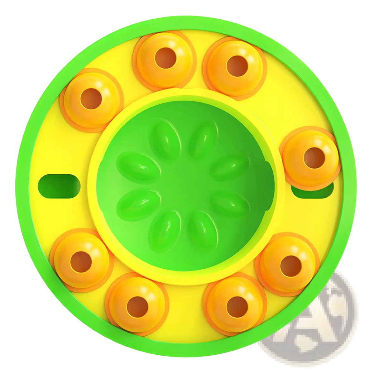 Dog puzzle feeder slow feed interactive toy in bright yellow and green plastic with orange holes and textured center