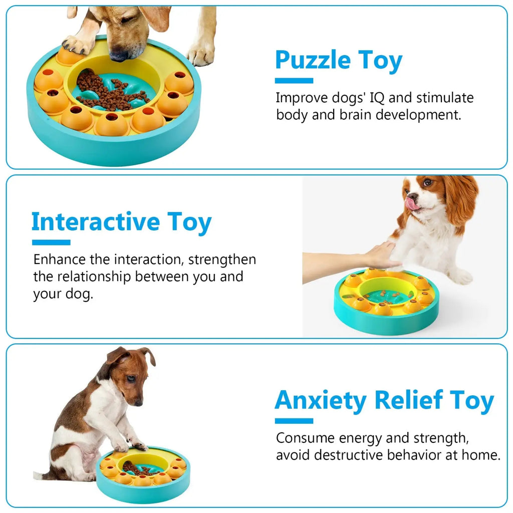 Dog puzzle feeder slow feed interactive toy with blue and yellow circular design and orange spherical obstacles
