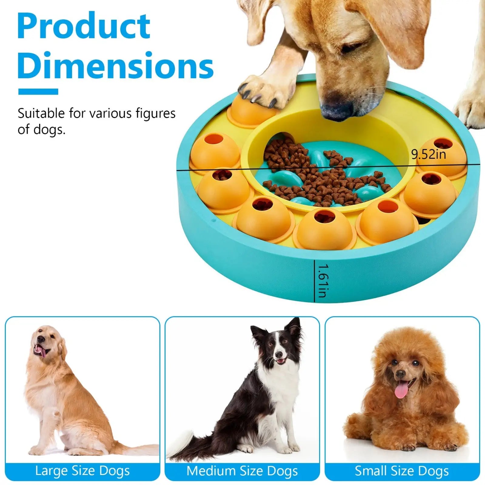 Blue and yellow circular dog puzzle feeder with multiple orange slow feed interactive toy holes around the rim