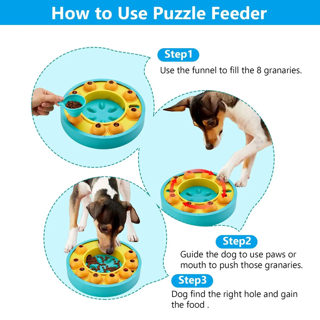 Blue and yellow circular dog puzzle feeder slow feed interactive toy with eight orange granary slots for dogs