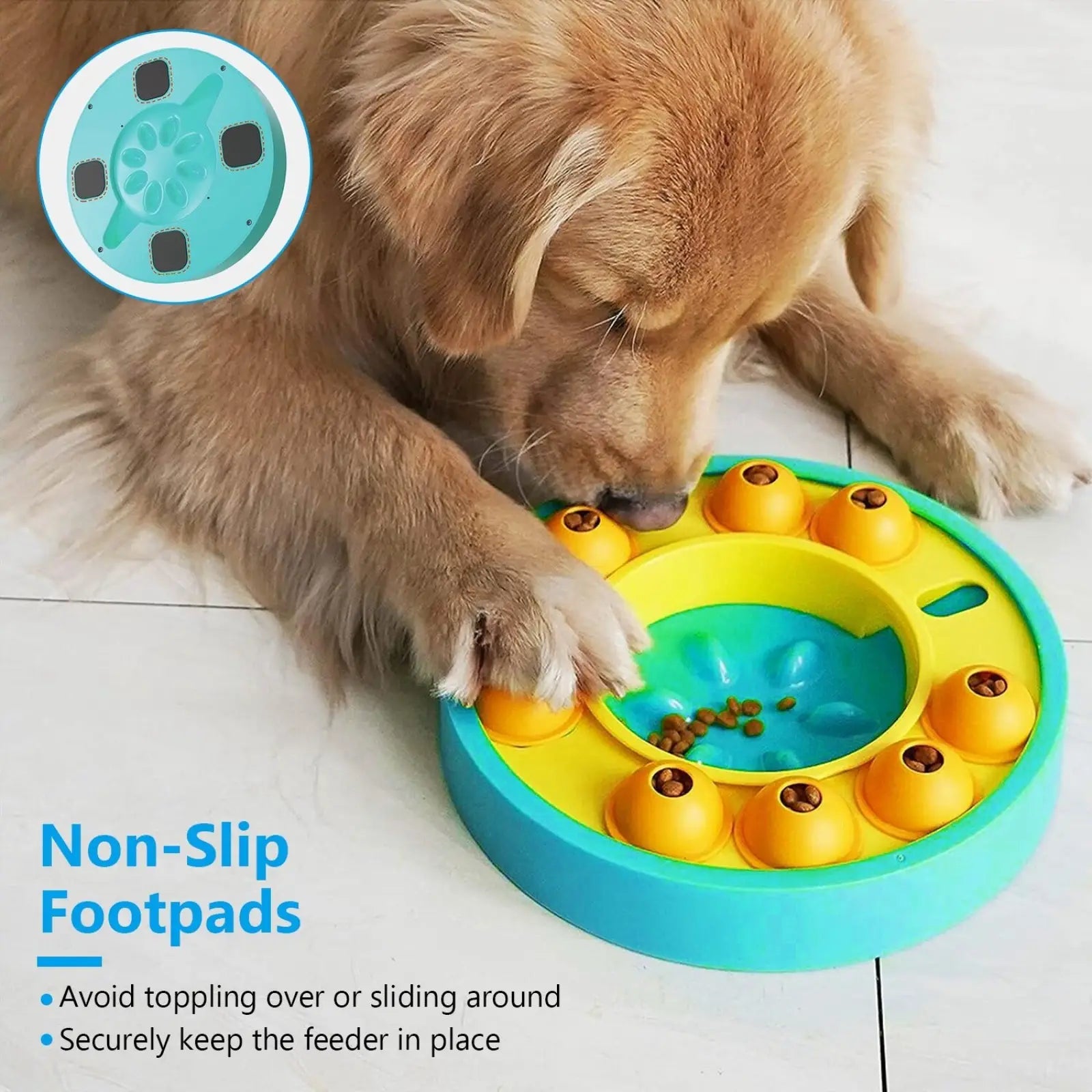 Brightly colored dog puzzle feeder with turquoise base yellow accents and orange compartments for slow feeding