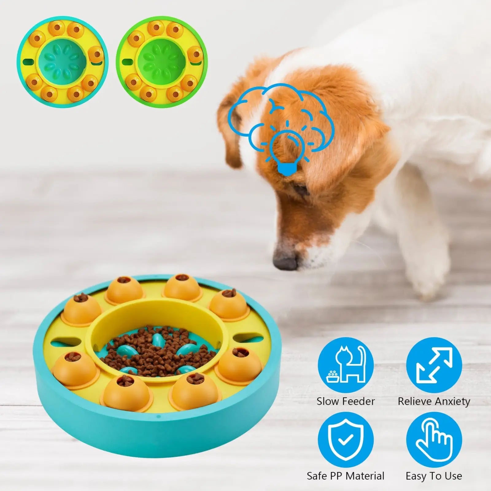 Dog puzzle feeder slow feed interactive toy with brightly colored orange yellow domed sections and teal bowl filled with kibble