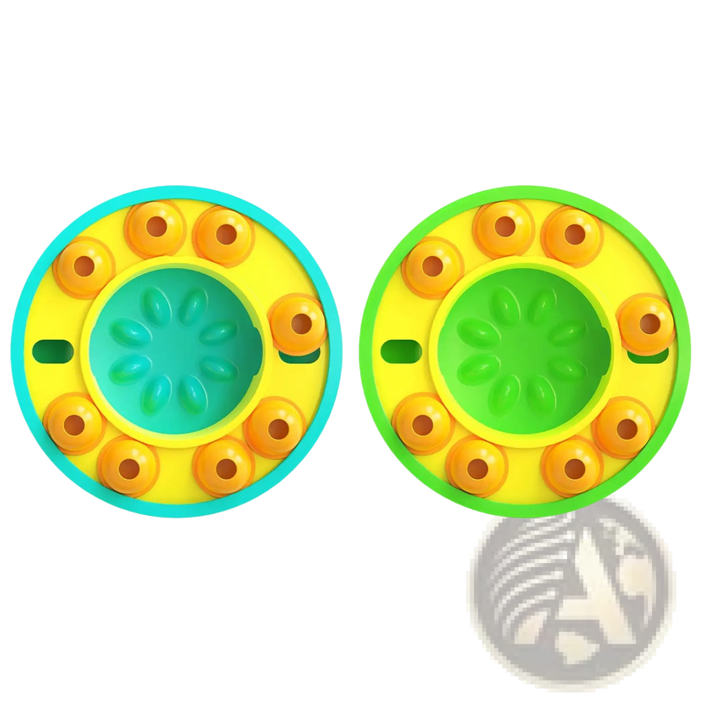 Two colorful plastic dog puzzle feeders slow feed interactive toys with teal blue and green lime green rims