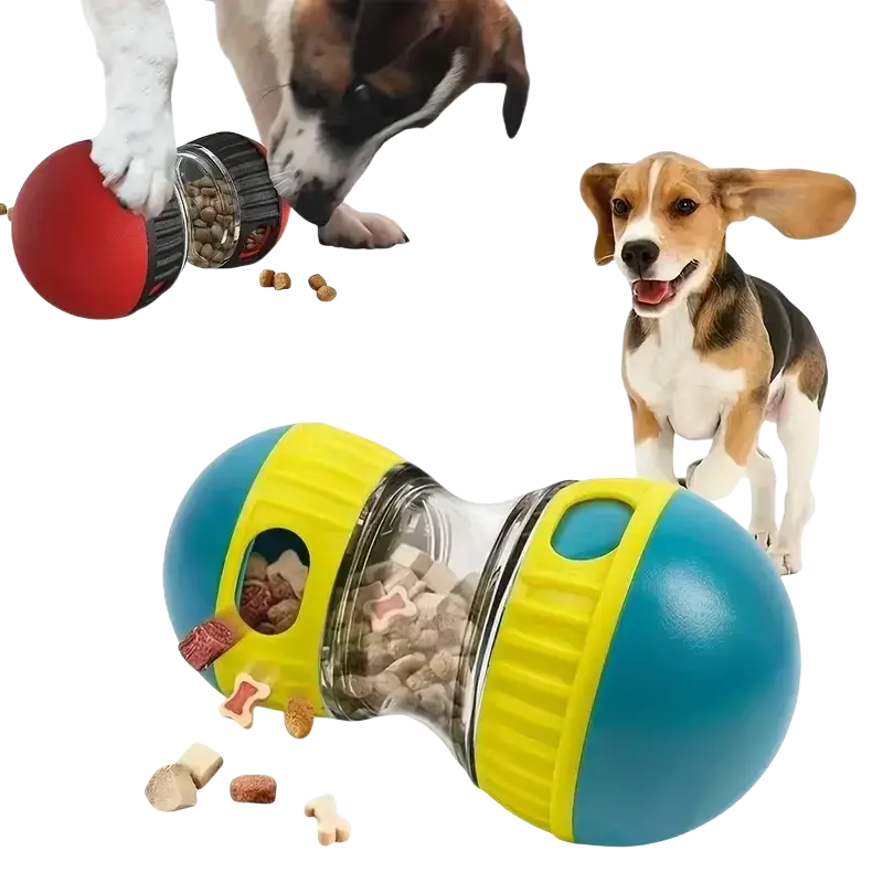 Blue and yellow dual-sided dog puzzle toy and food dispenser with clear plastic sections for visible dog food treats