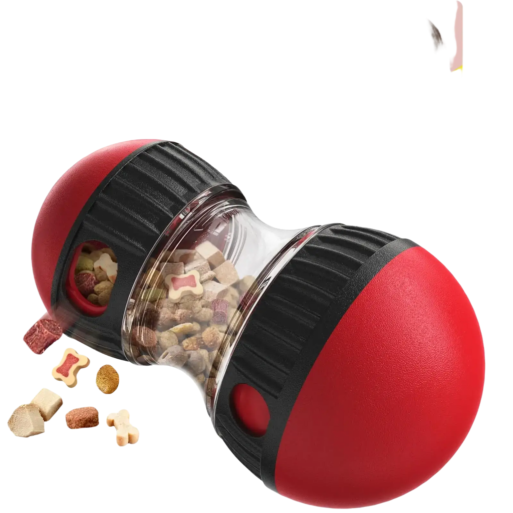 Red and black mitaiko dog puzzle toy and food dispenser with clear middle section filled with dog food treats