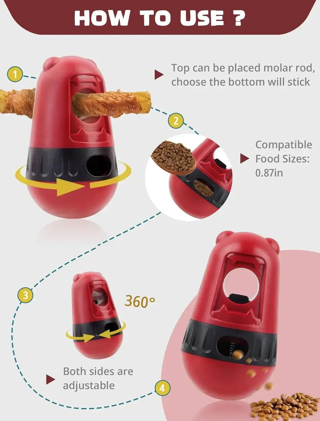 Red and black plastic dog puzzle toy and food dispenser with adjustable rotating motion for dispensing dog food