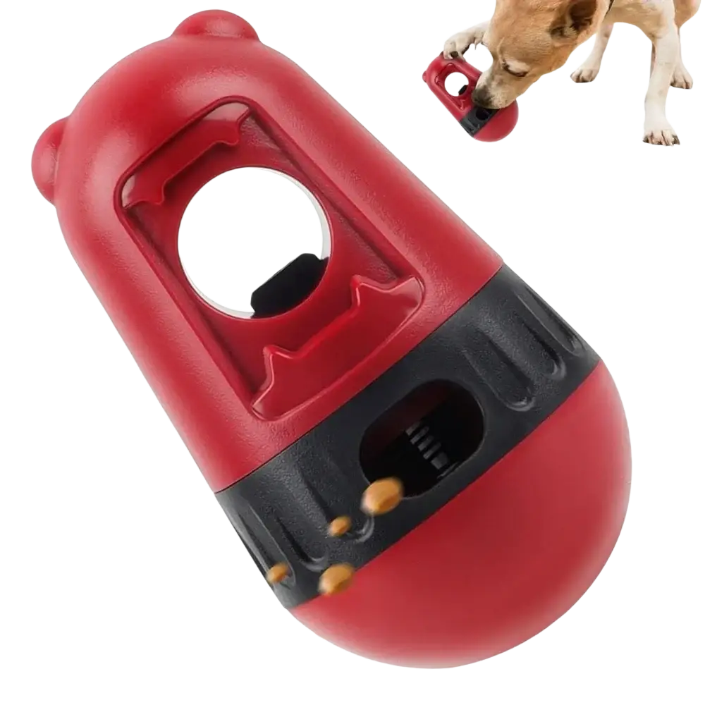 Red and black plastic dog puzzle toy shaped like a bear functioning as a food dispenser for dog food