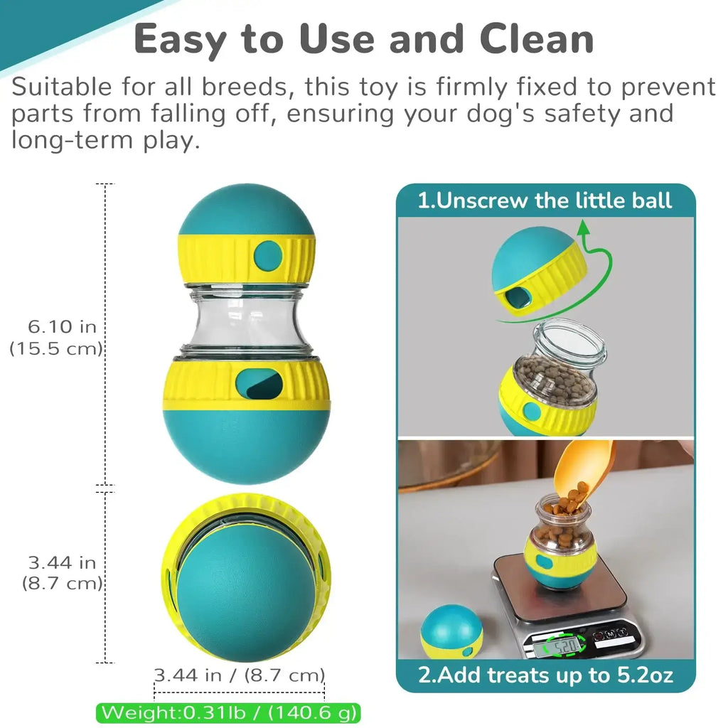 Teal and yellow dual-layer dog puzzle toy and food dispenser with clear glass center for dispensing dog food