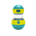 Teal and yellow dog puzzle toy and food dispenser with clear glass center for dispensing dog food