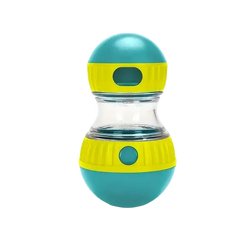 Teal and yellow dog puzzle toy and food dispenser with clear glass center for dispensing dog food