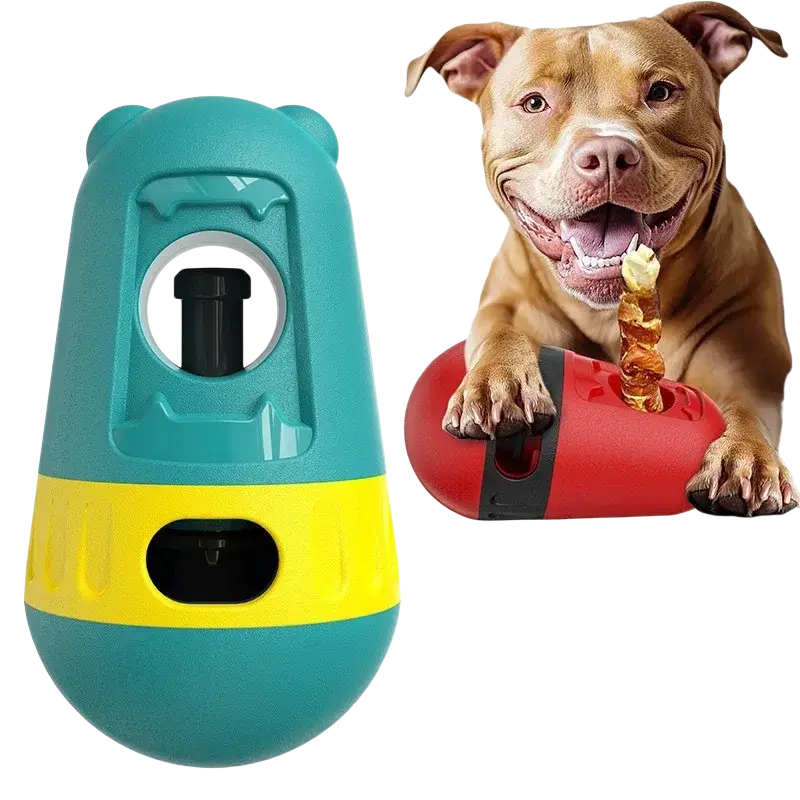 Teal and yellow plastic dog puzzle toy and food dispenser with bear-shaped design for dispensing dog food
