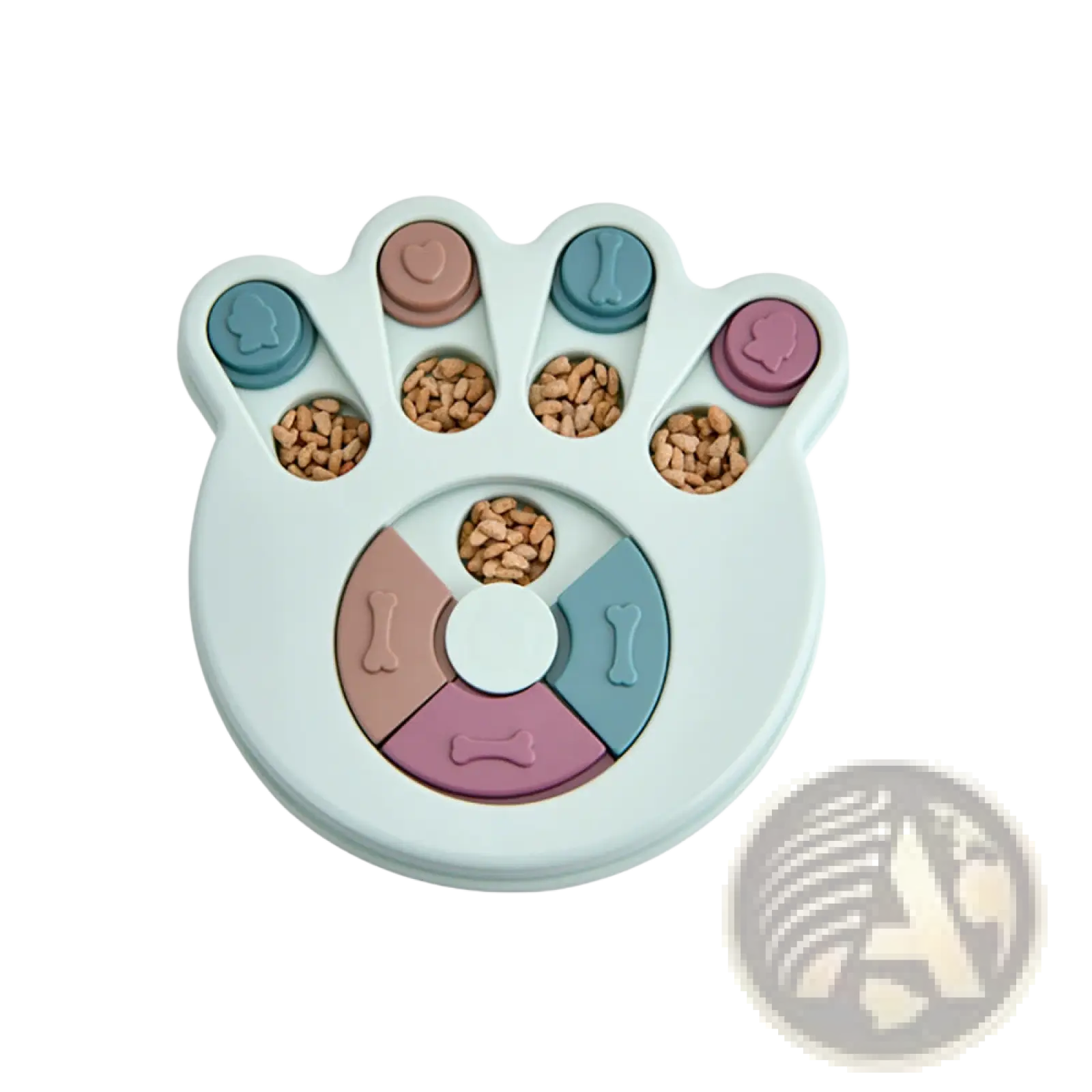 Pastel-colored paw-shaped interactive slow feeder dog puzzle toy with multiple compartments holding kibble