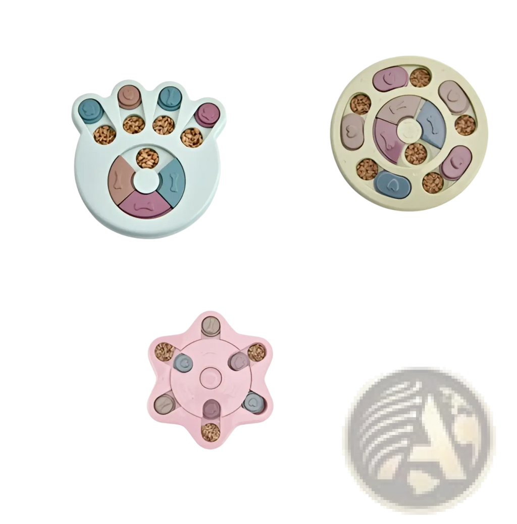 Pastel-colored plastic dog puzzle toy with multiple compartments and removable lids for interactive slow feeding