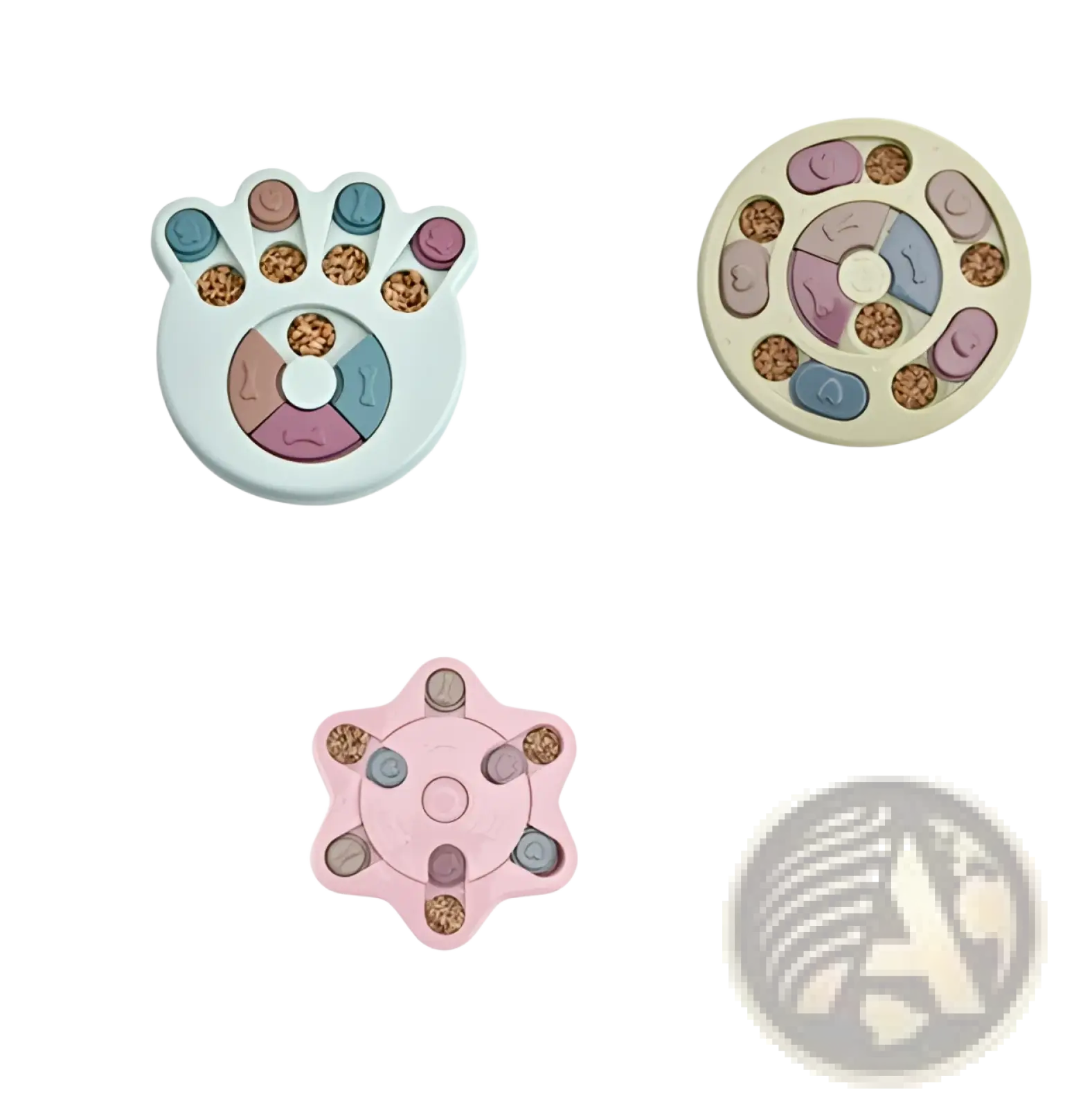 Pastel-colored plastic dog puzzle toy with multiple compartments and removable lids for interactive slow feeding