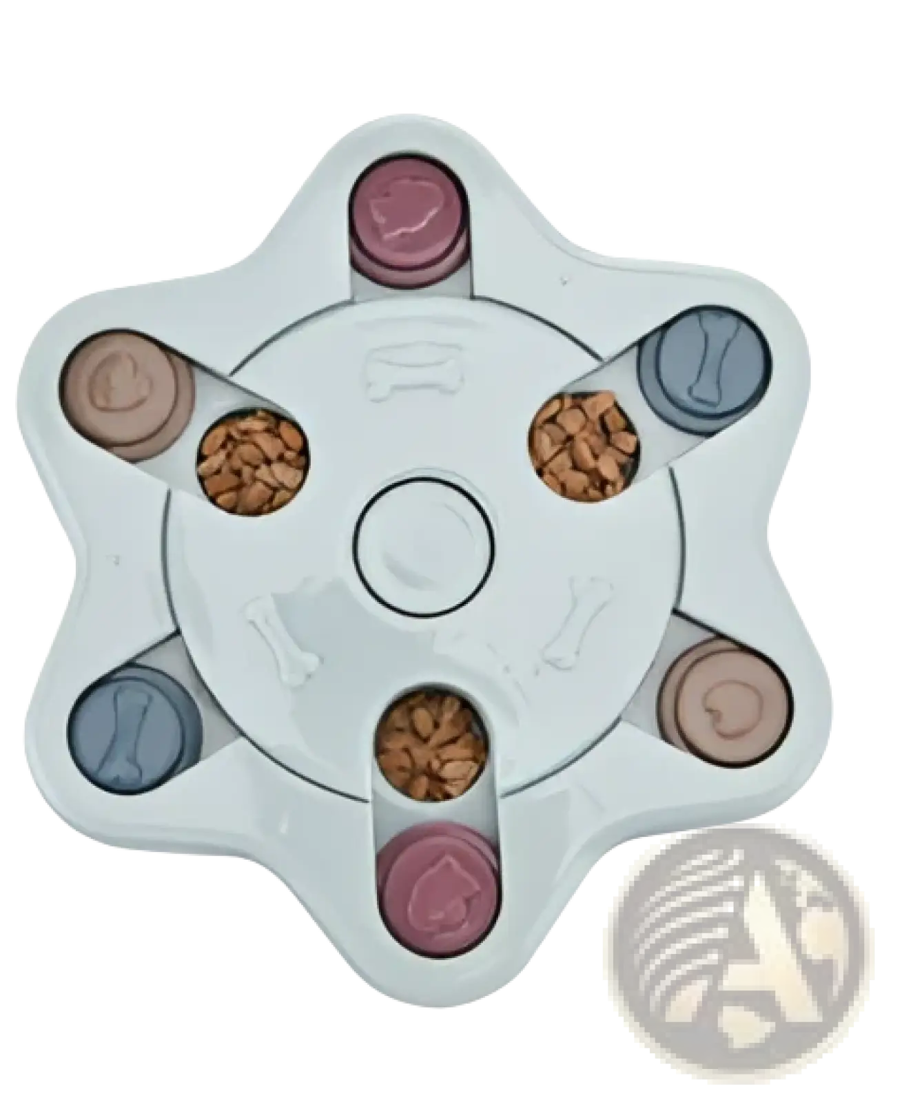 White plastic dog puzzle toy interactive slow feeder with six compartments holding different colored treats