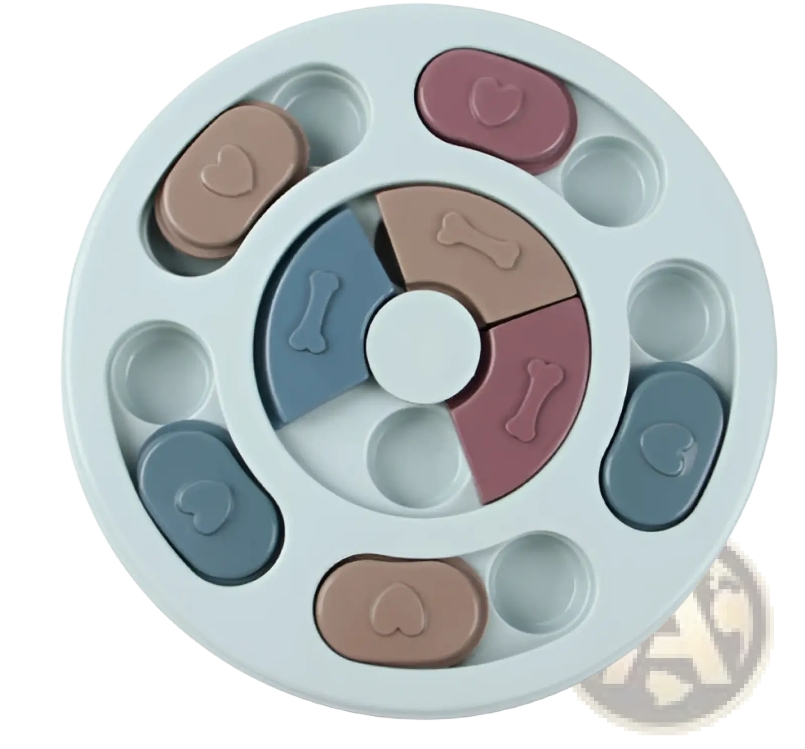 White plastic dog puzzle feeder with colorful heart and bone-shaped beige blue and mauve compartments for slow feeding
