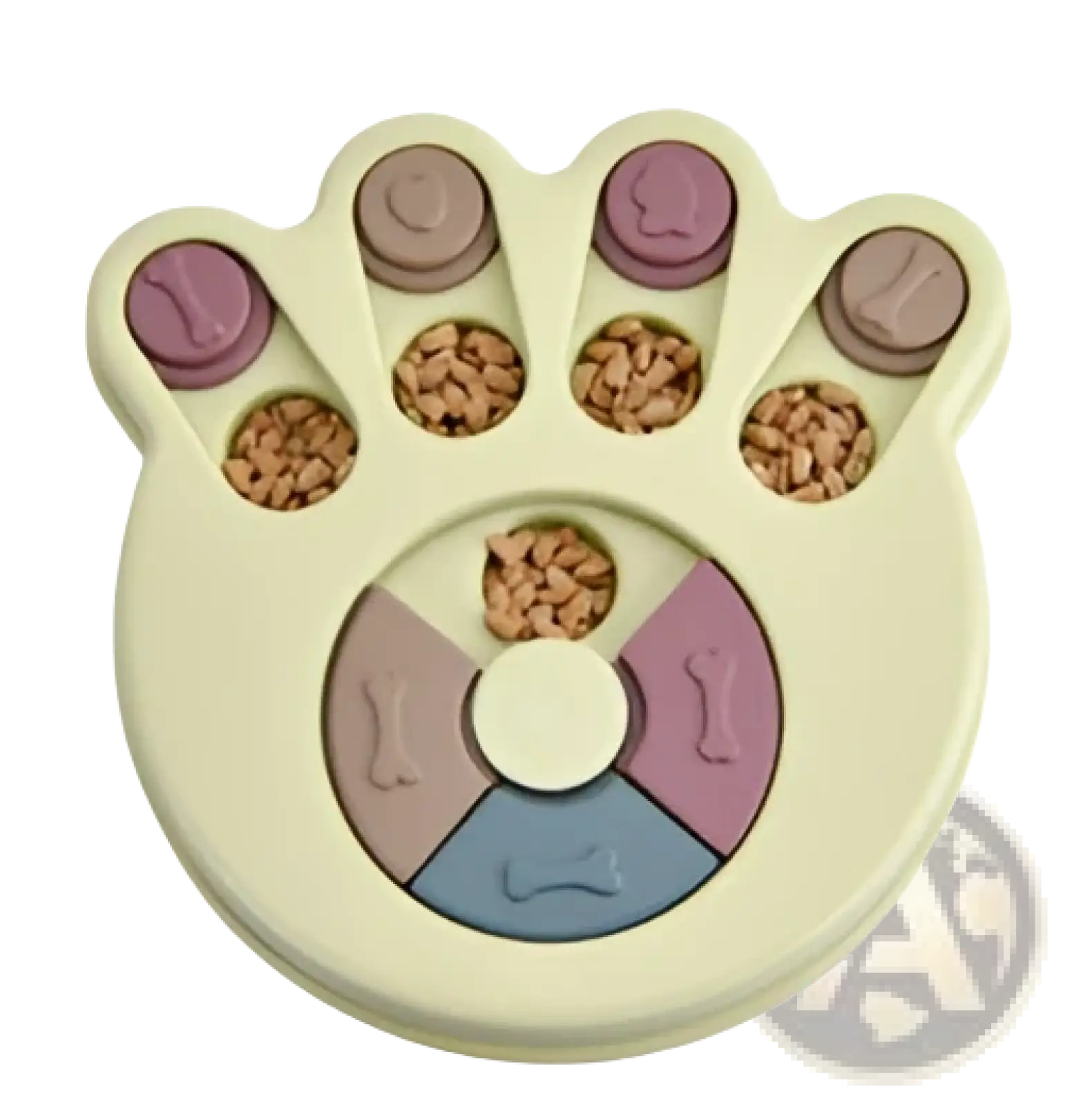 Cream-colored paw-shaped interactive dog puzzle toy with five kibble compartments and a central rotating wheel for slow feeding