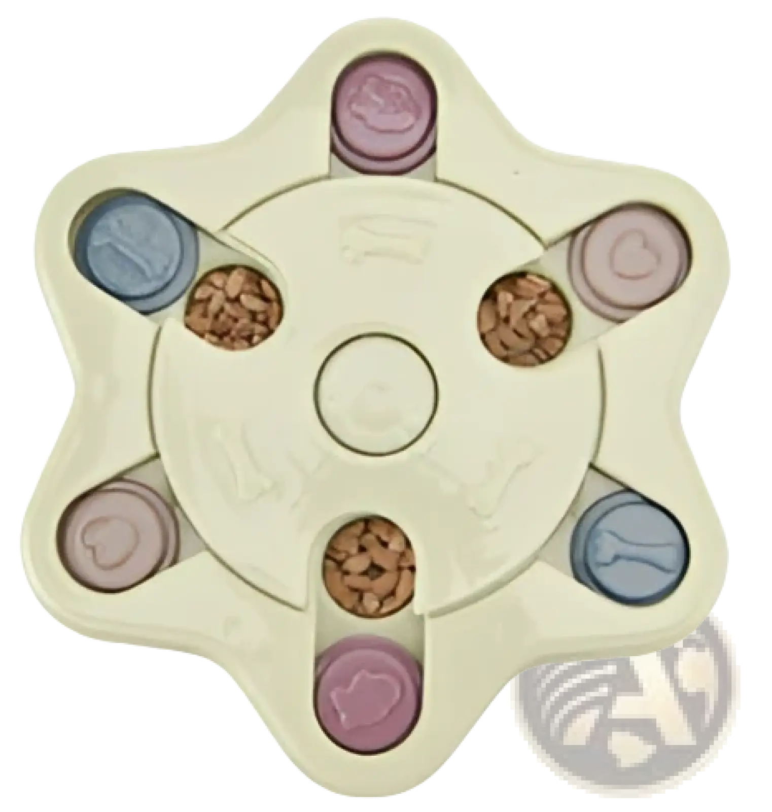 Beige plastic dog puzzle toy interactive slow feeder with six compartments holding colorful treats for training