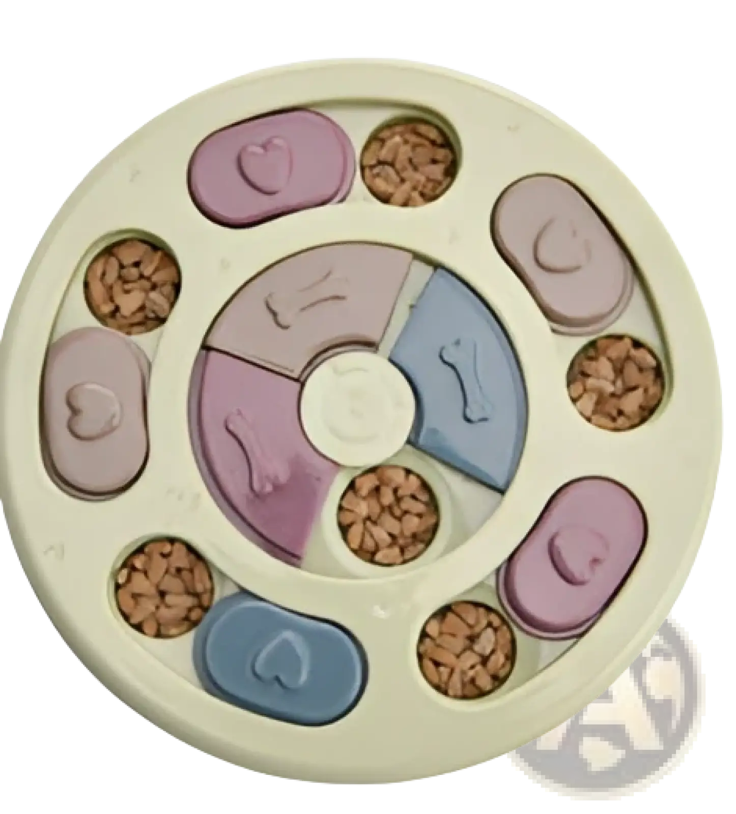 Pastel-colored circular dog puzzle toy with heart and paw cutouts filled with kibble for slow feeder training game
