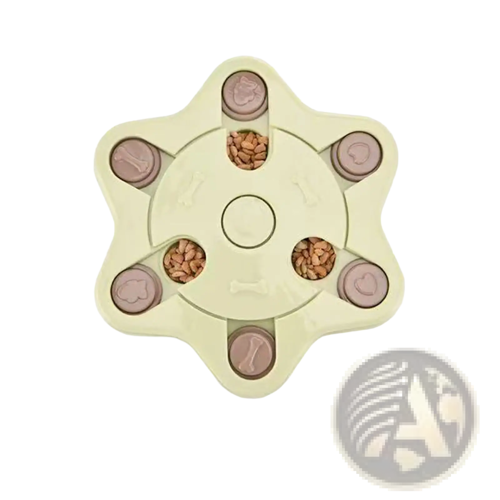 Beige star-shaped dog puzzle toy interactive slow feeder with six pinkish-brown lids embossed with bone and heart shapes filled with kibble