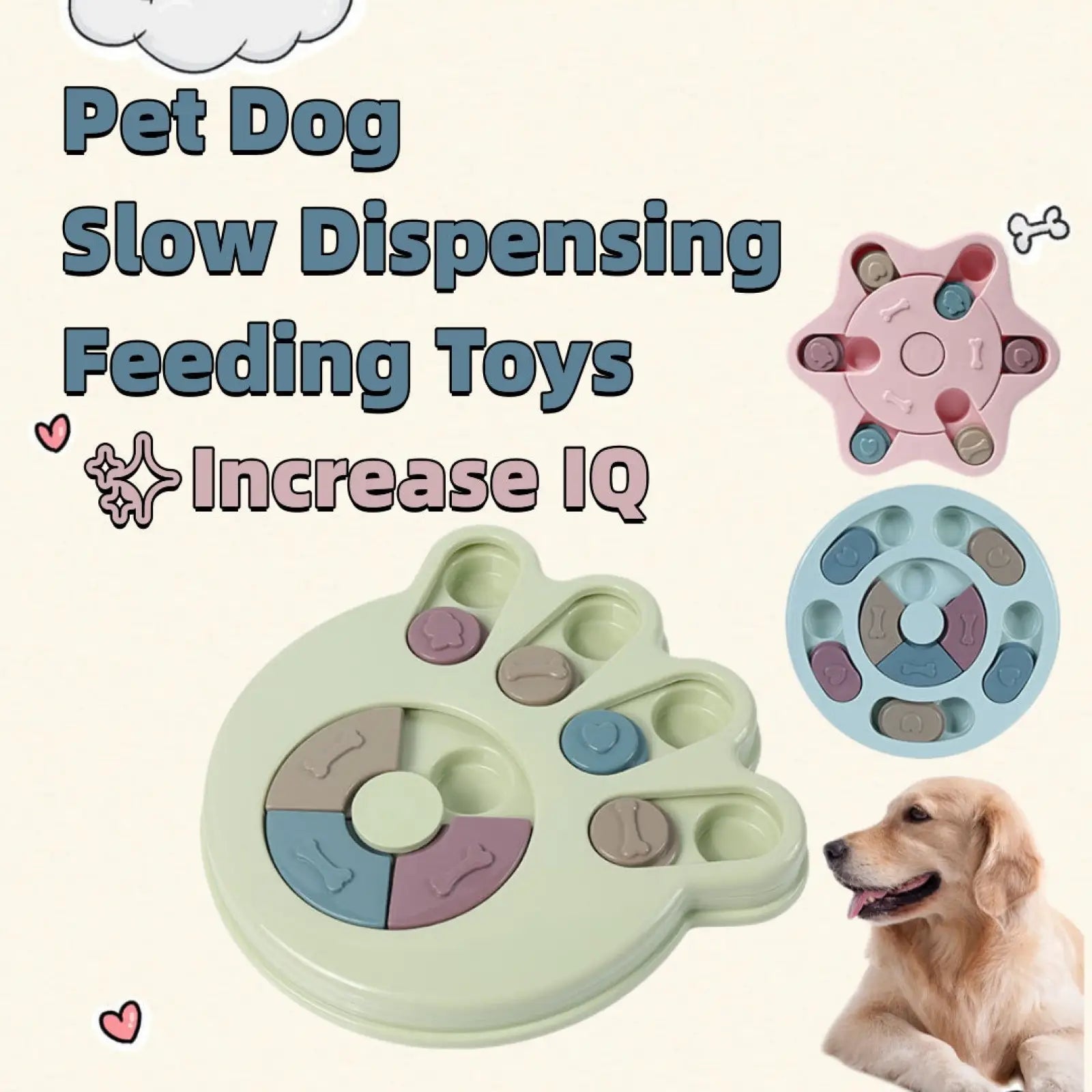 Light green paw-shaped interactive slow feeder dog puzzle toy with colorful bone-patterned puzzle sections for training