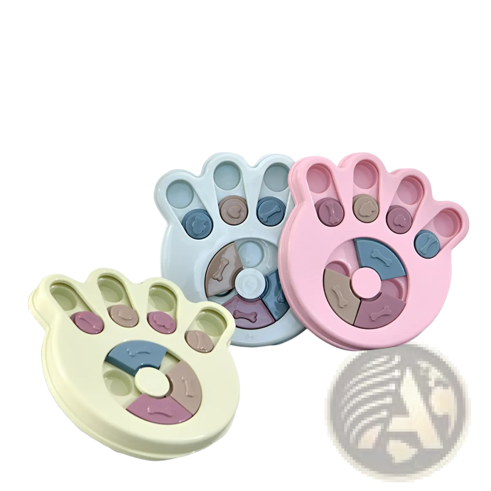 Pastel-colored plastic paw-shaped dog puzzle toy with segmented compartments and bone motifs for slow feeder training