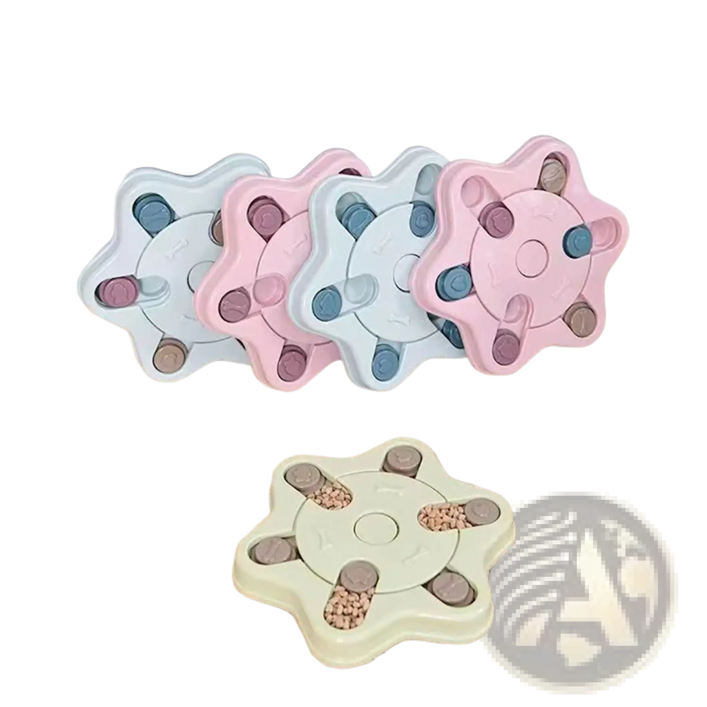 Pastel-colored star-shaped dog puzzle toy interactive slow feeder with multiple compartments and removable pieces