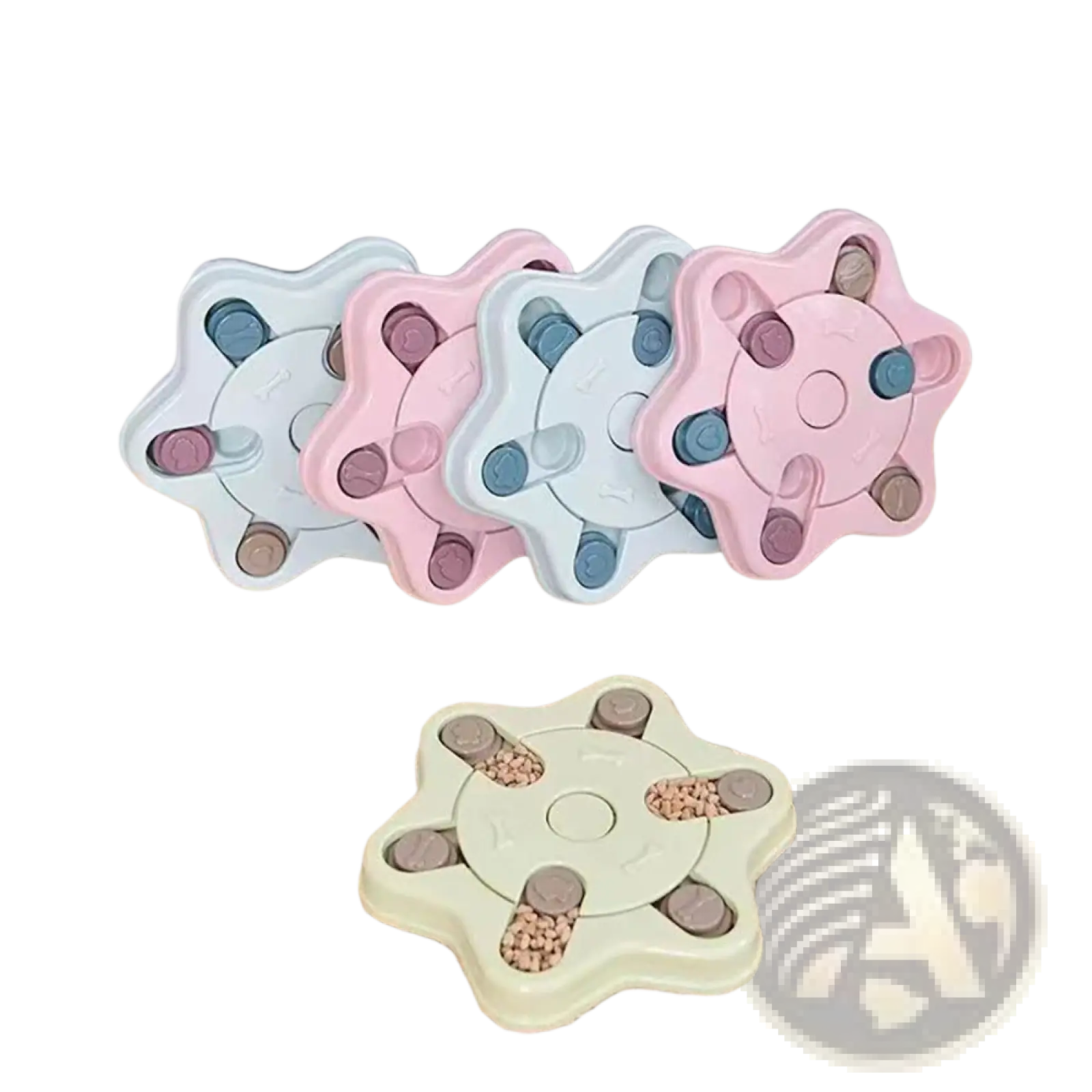 Pastel-colored star-shaped dog puzzle toy interactive slow feeder with multiple compartments and removable pieces