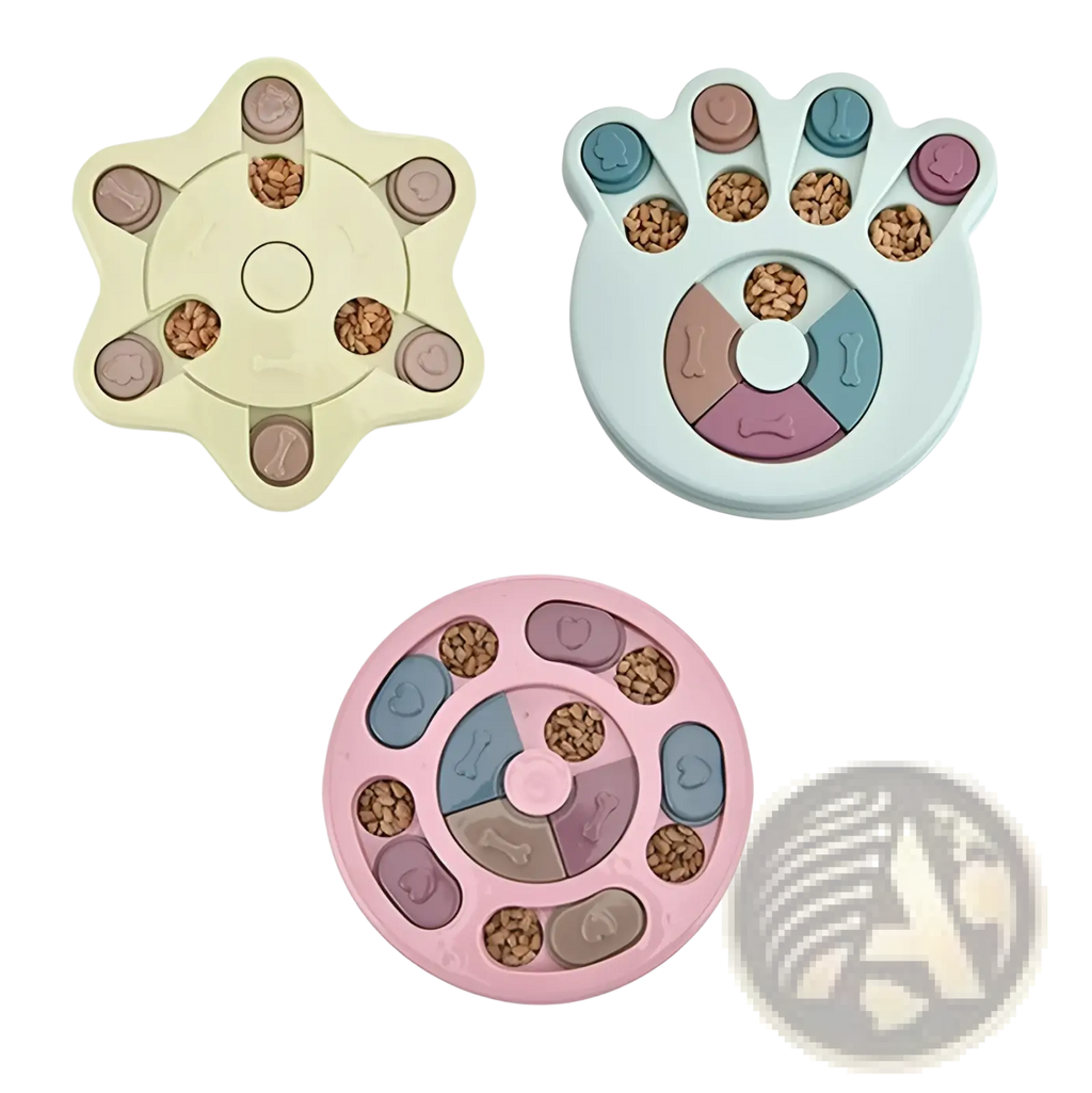 Colorful plastic dog puzzle toy interactive slow feeder with paw-shaped and circular compartments filled with kibble