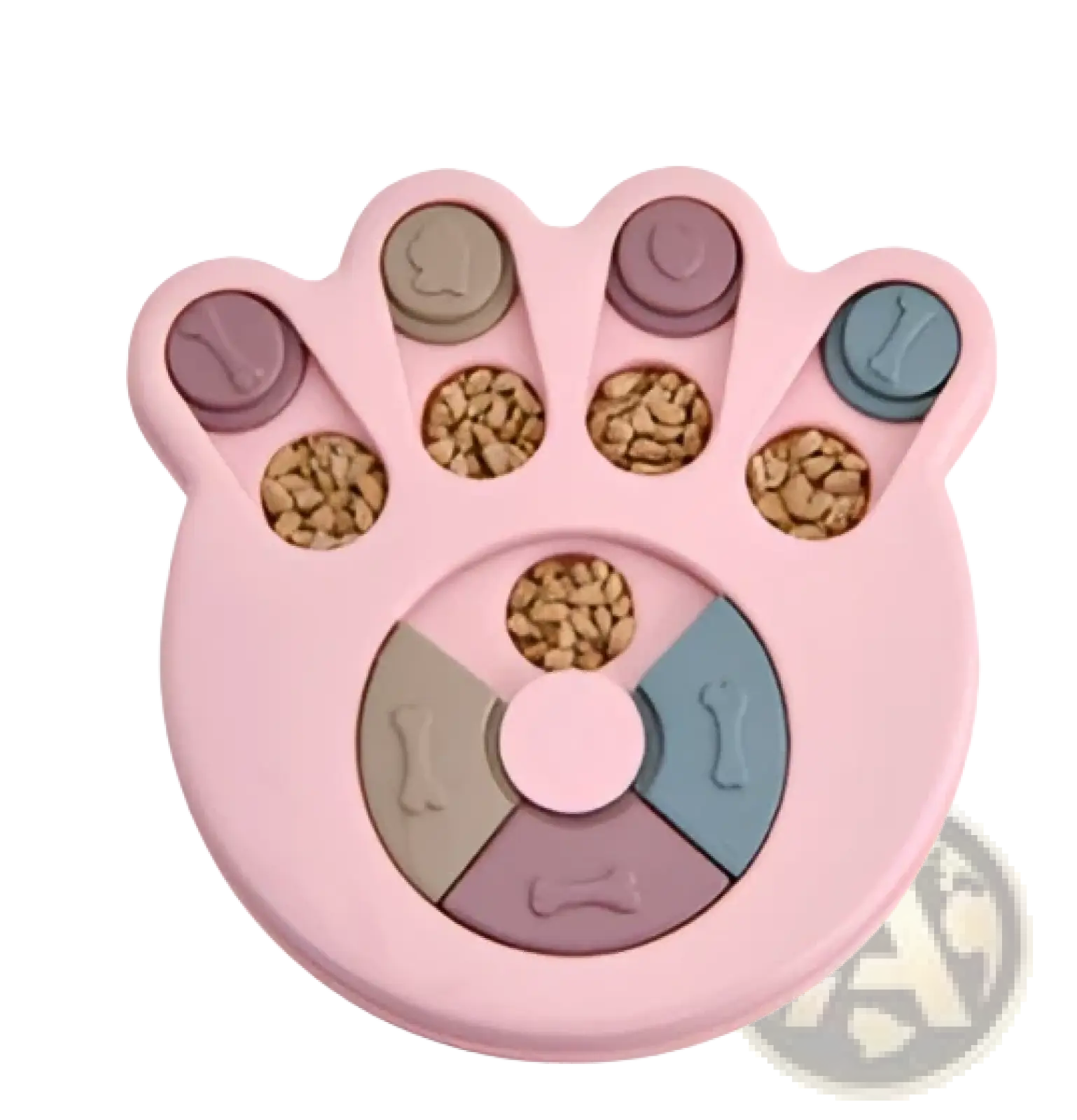 Pink paw-shaped interactive dog puzzle toy with colorful segmented compartments holding kibble for slow feeding