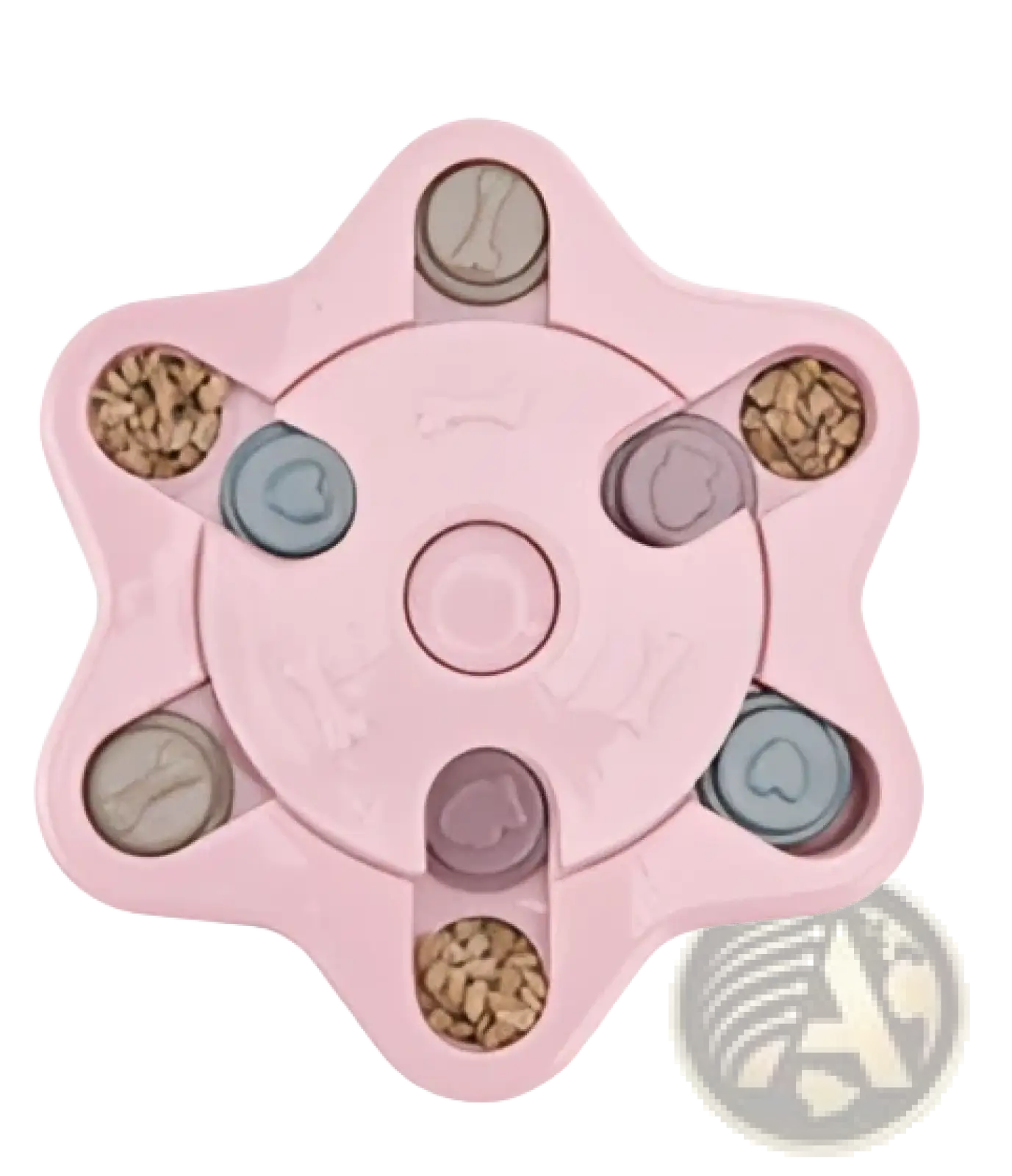 Pink star-shaped dog puzzle toy interactive slow feeder with six compartments holding different kibble types