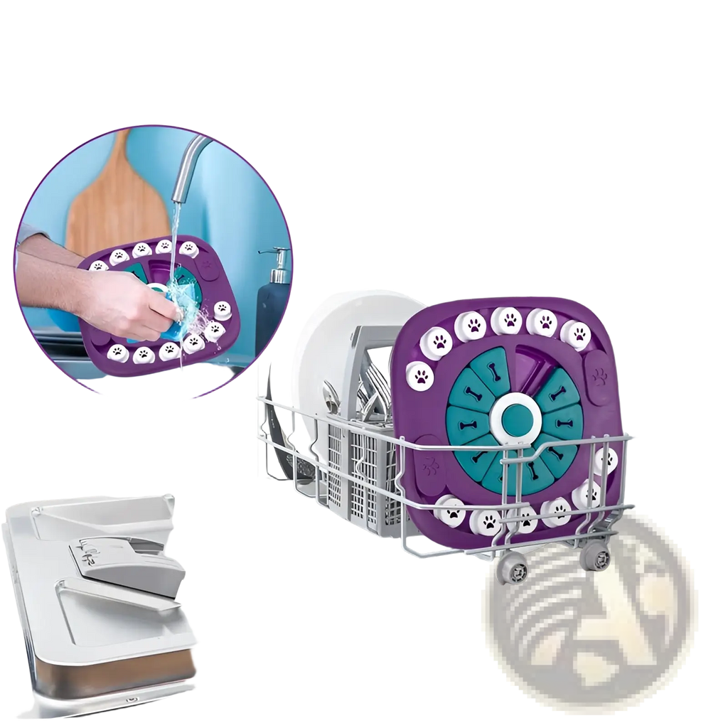 Purple and teal dog puzzle toy interactive squeaky treat feeder maze with paw print designs for mental stimulation