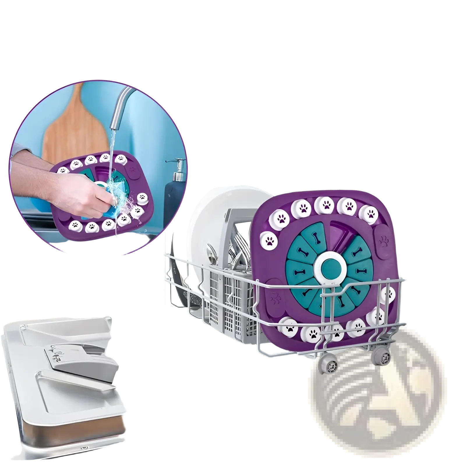 Purple and teal dog puzzle toy interactive squeaky treat feeder maze with paw print designs for mental stimulation