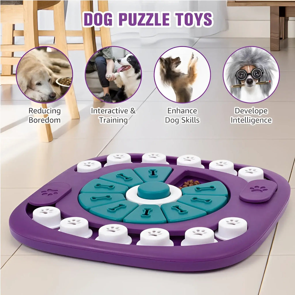 Purple and teal plastic interactive dog puzzle toy with squeaky treat feeder and white paw-print caps