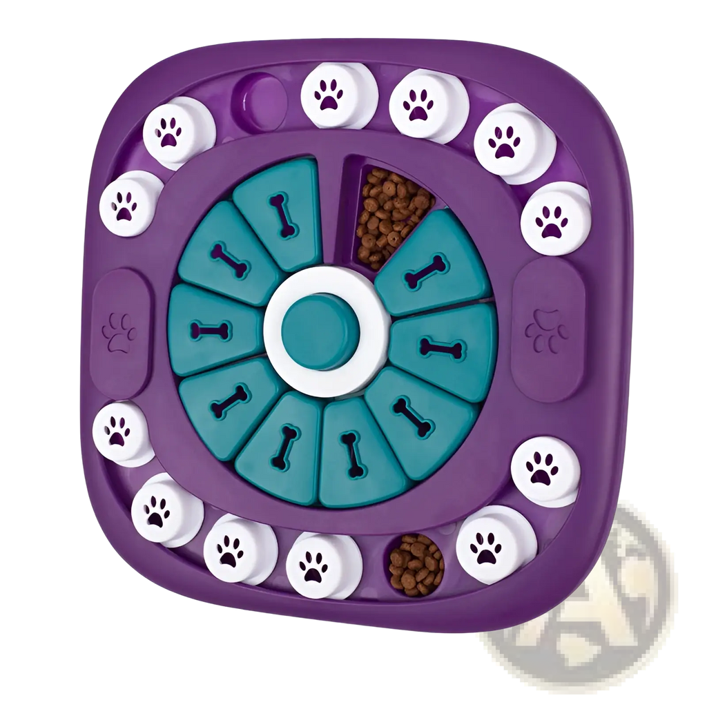 Purple and teal interactive dog puzzle toy feeder with white paw print caps for treat dispensing and squeaky play