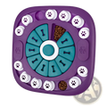 Purple and teal interactive dog puzzle toy feeder with white paw print caps for treat dispensing and squeaky play