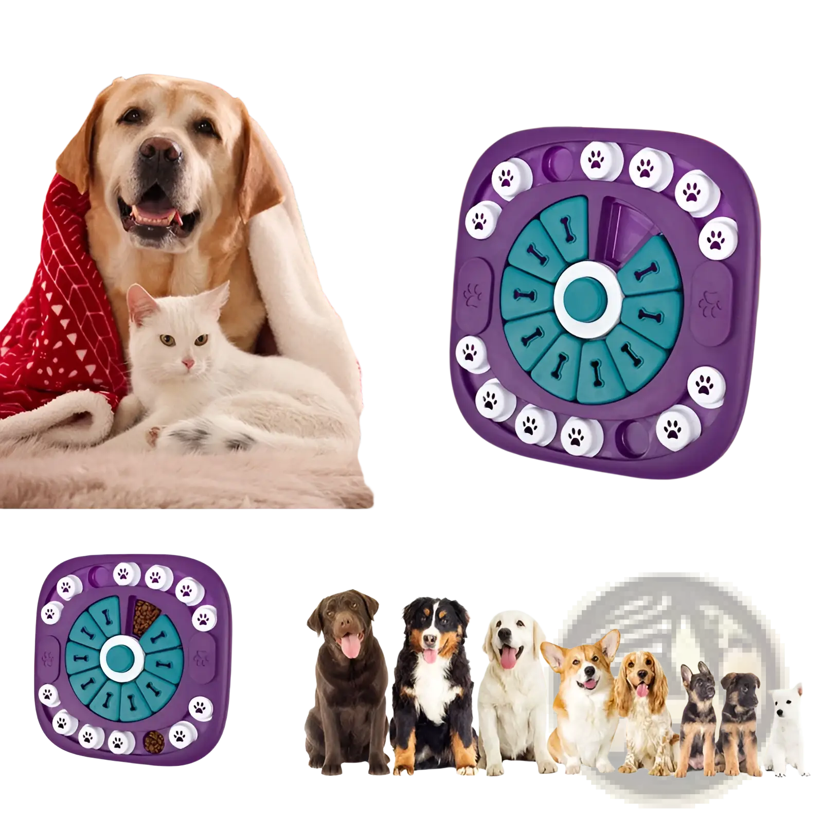 Purple and teal plastic dog puzzle toy interactive squeaky treat feeder with paw print and bone-shaped slots