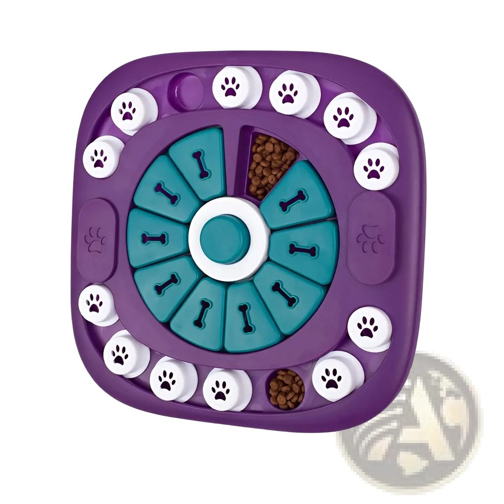 Purple and teal interactive dog puzzle toy feeder with white paw print buttons for treat dispensing and mental stimulation
