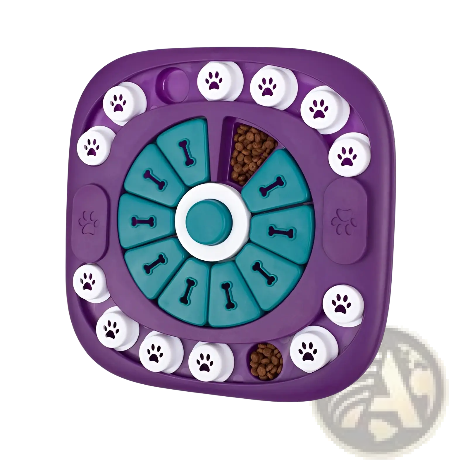 Purple and teal interactive dog puzzle toy feeder with white paw print buttons for treat dispensing and mental stimulation