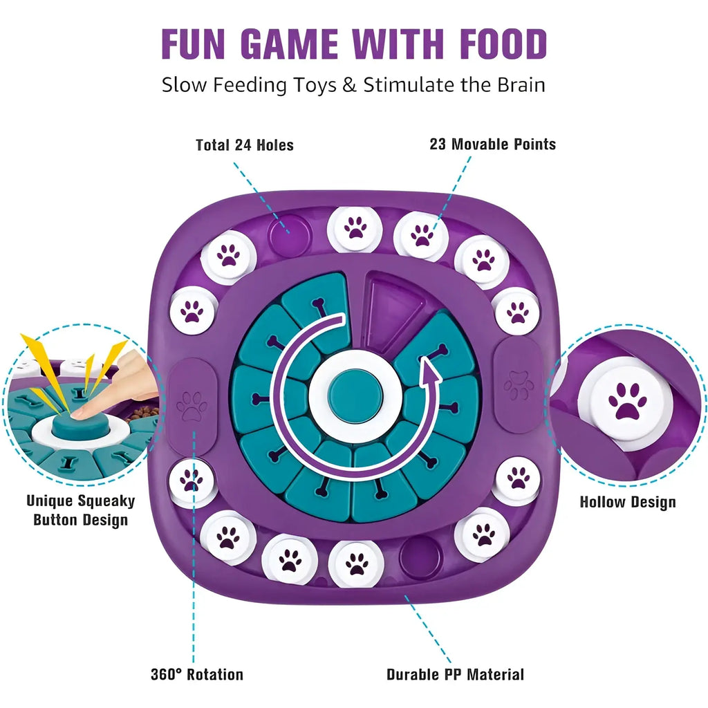 Purple and teal slow-feeding dog puzzle toy with paw print buttons made of durable pp material for interactive treat feeding