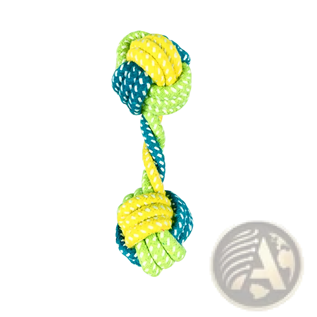 A vibrant 18cm rope dog toy in yellow and teal green braided sections with knotted ends for small and medium dogs
